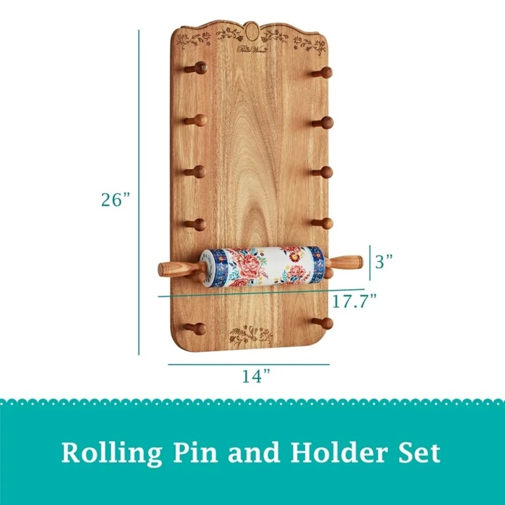 🌺 New Pioneer Woman Keepsake Floral Ceramic Rolling Pin & Rolling Pin Rack - Picture 2 of 11